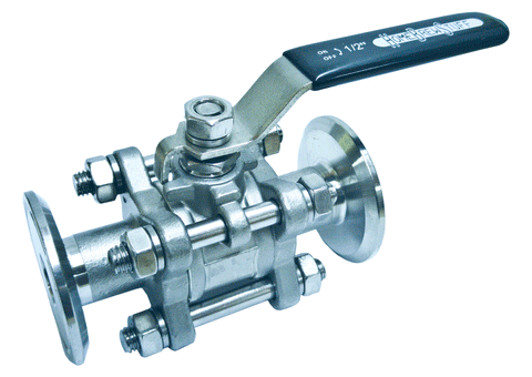 1/2" 3 pc Sanitary Ball Valve 1.5" Tri-Clamp